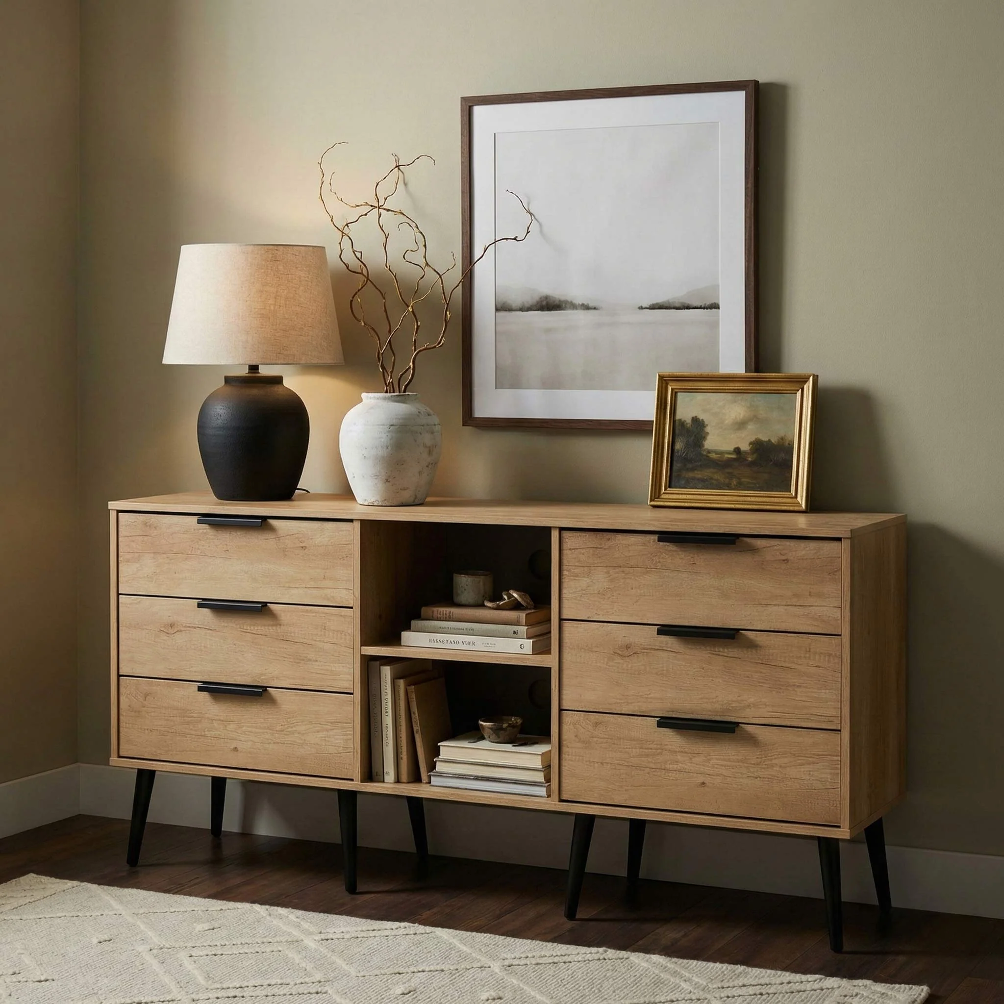 Asher Light Oak 6 Drawer Sideboard with Black Legs - Image 2