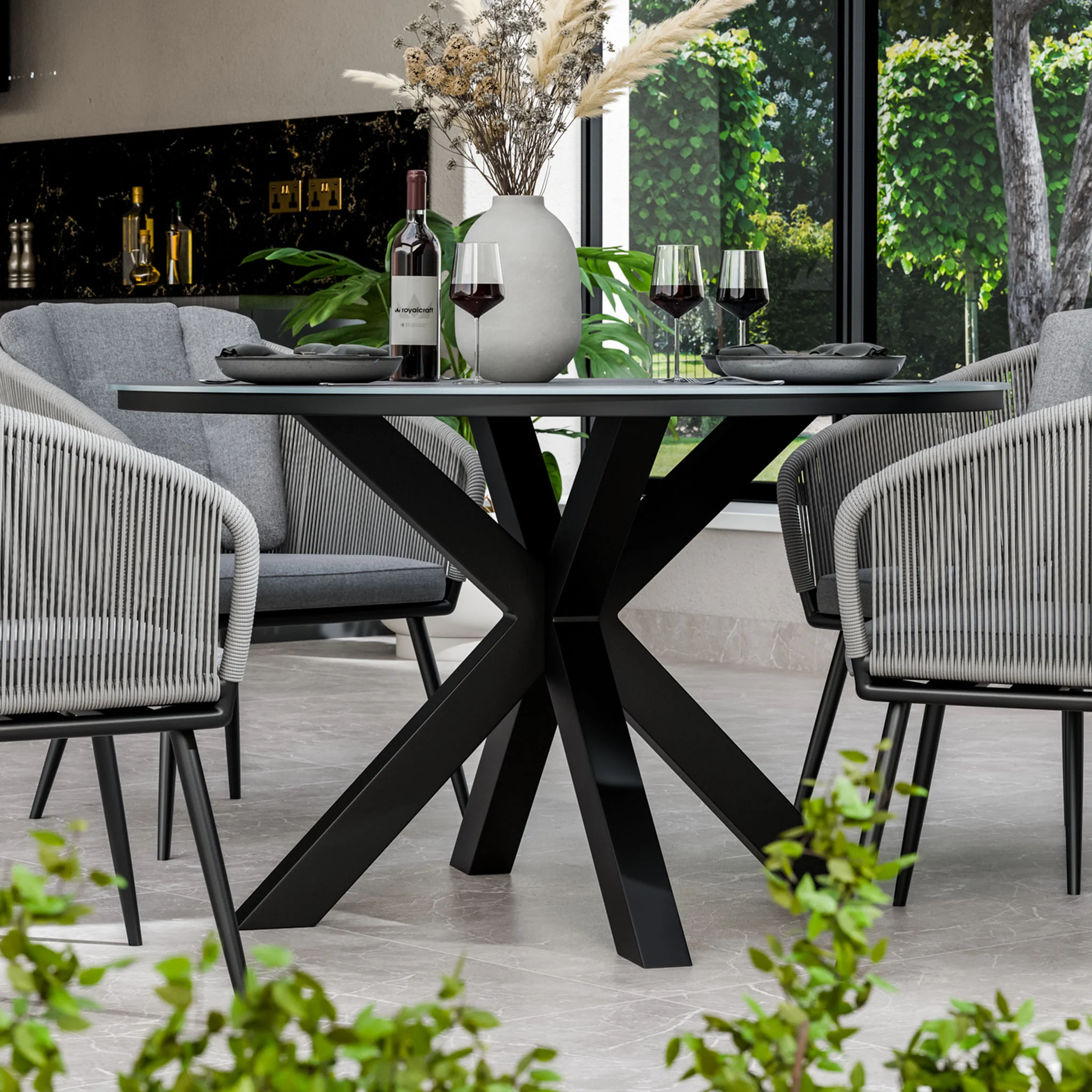 Aspen 4 Seater Round Ceramic Glass Dining Set with Aspen Rope Chairs - Image 2