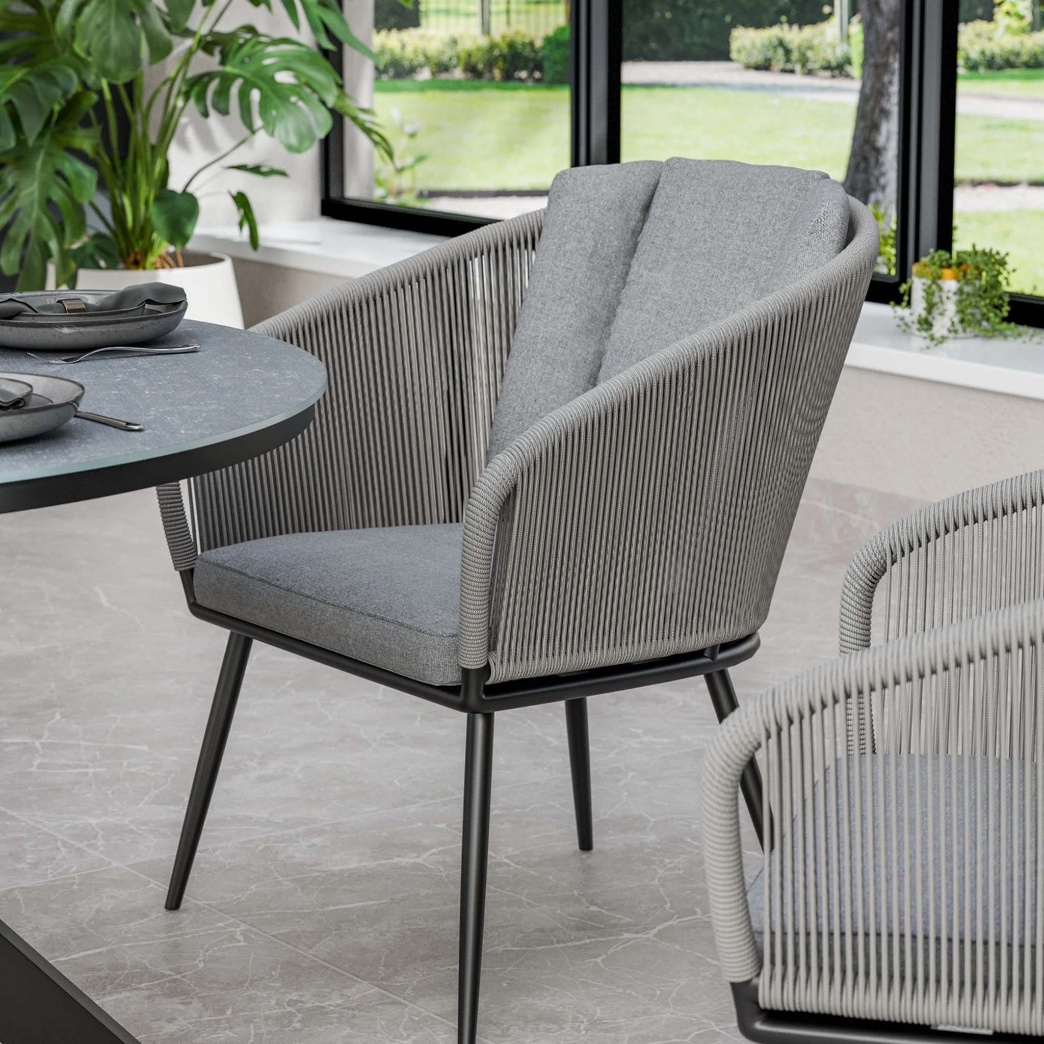 Aspen 4 Seater Round Ceramic Glass Dining Set with Aspen Rope Chairs - Image 4