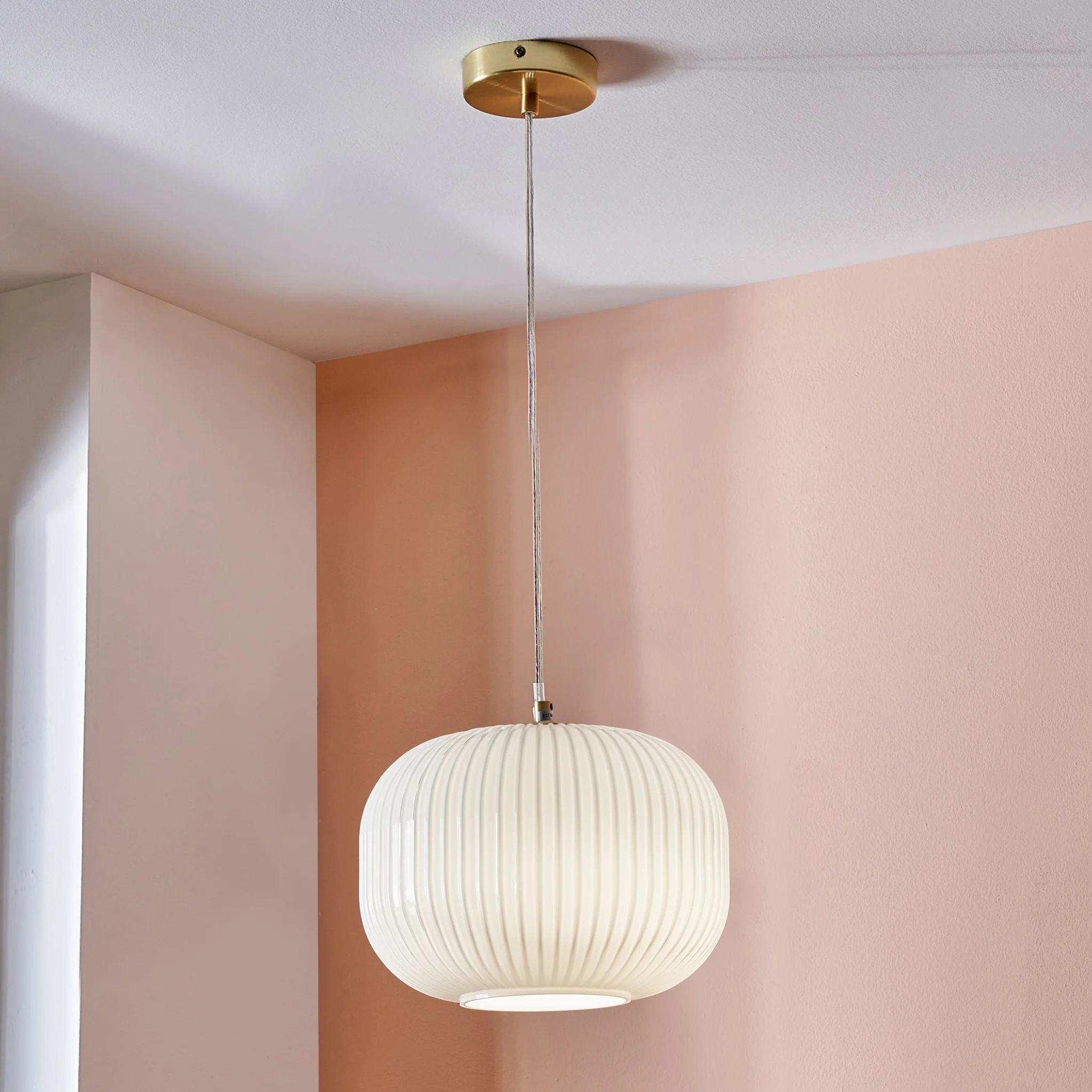 Bella White Glass and Gold Metal Ribbed Squoval Pendant - Image 2