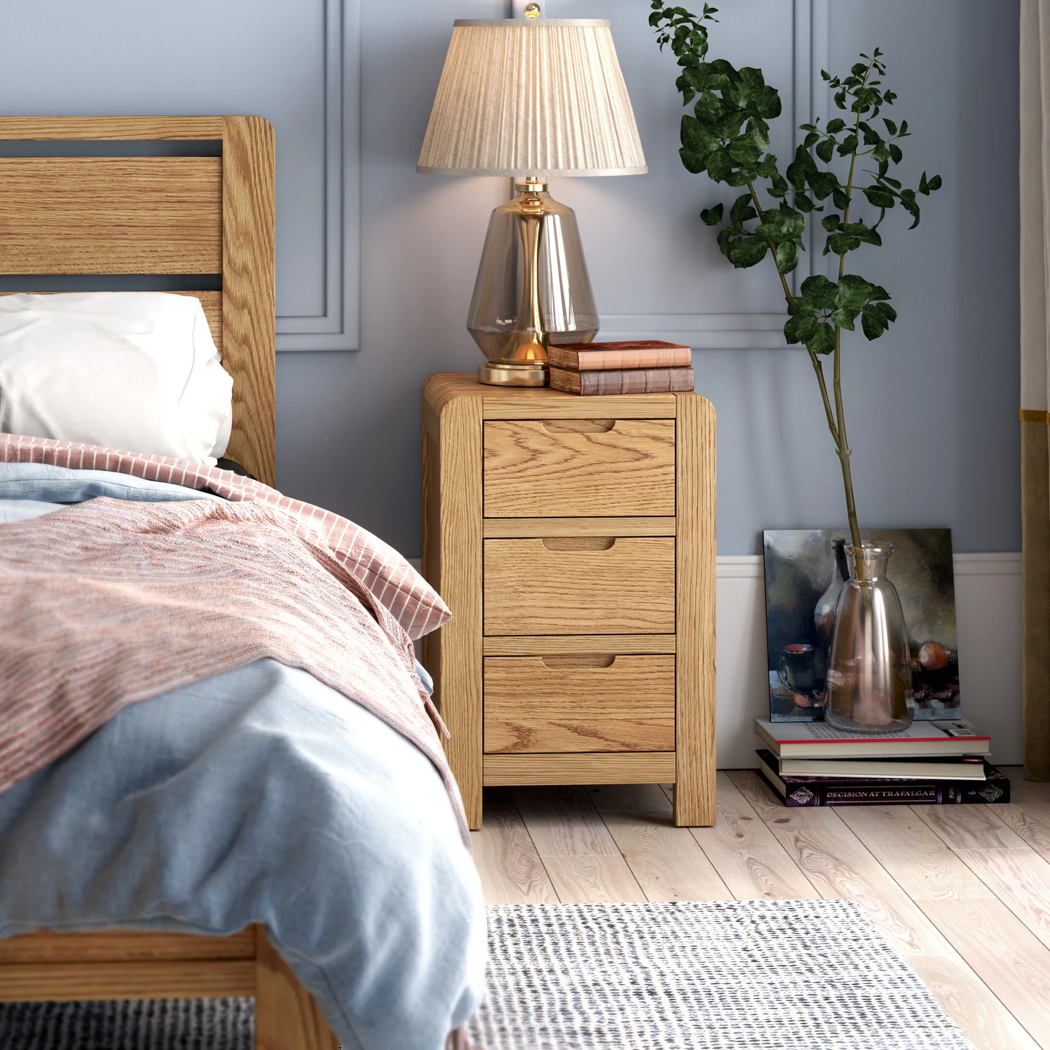 Harvey Oak 3 Drawer Bedside Table - Image 2