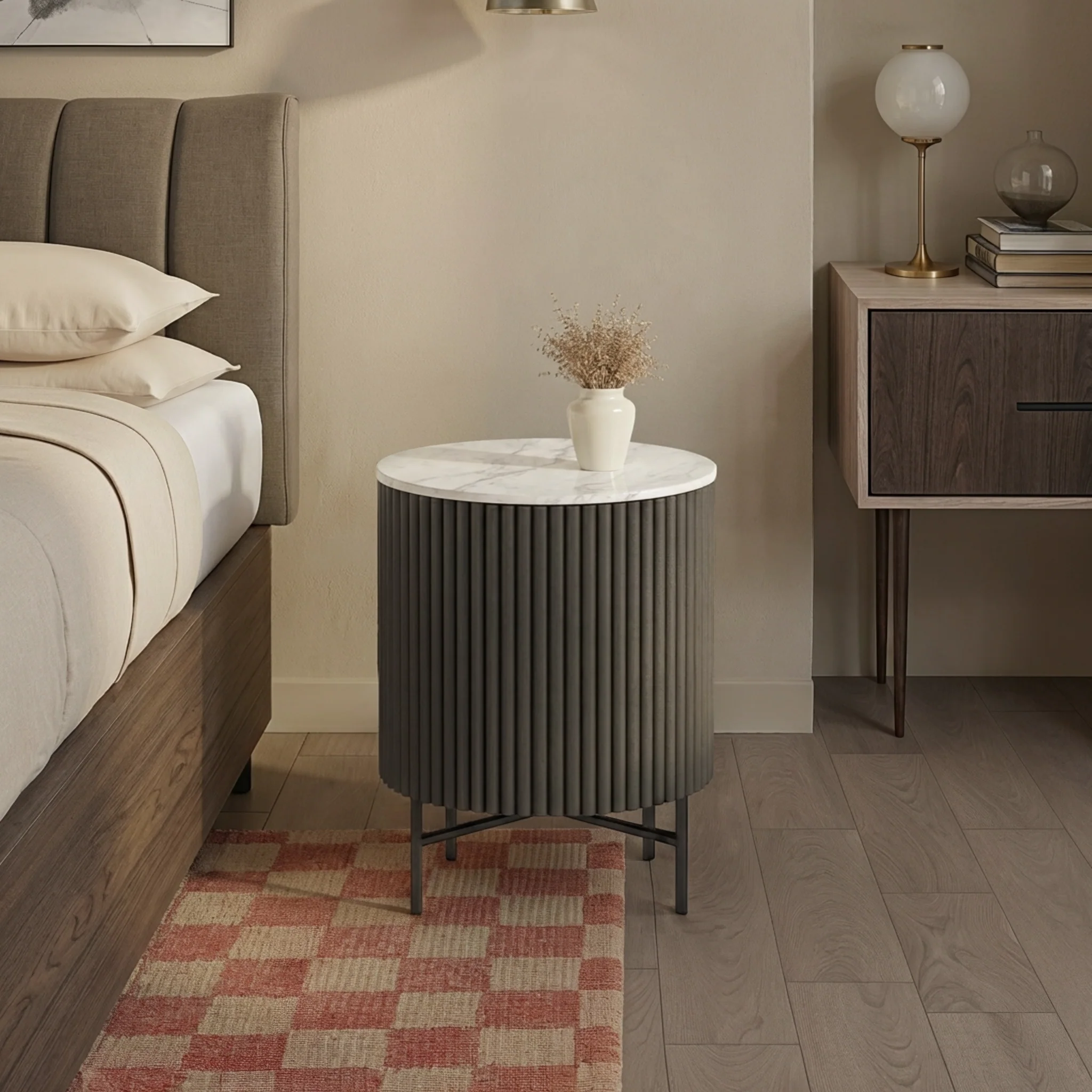 Milo Mango & Marble Round Fluted Bedside Table - Image 8