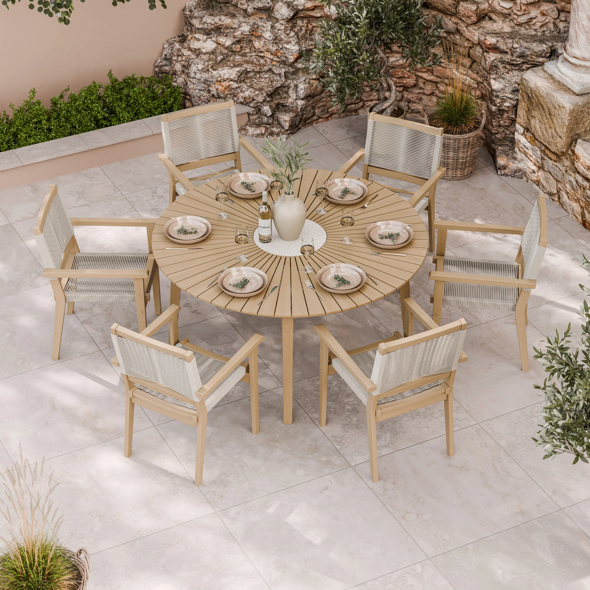 Roma FSC 6 Seater Round Sunray with Concrete Insert Dining Set with Roma Rope Stacking Chairs