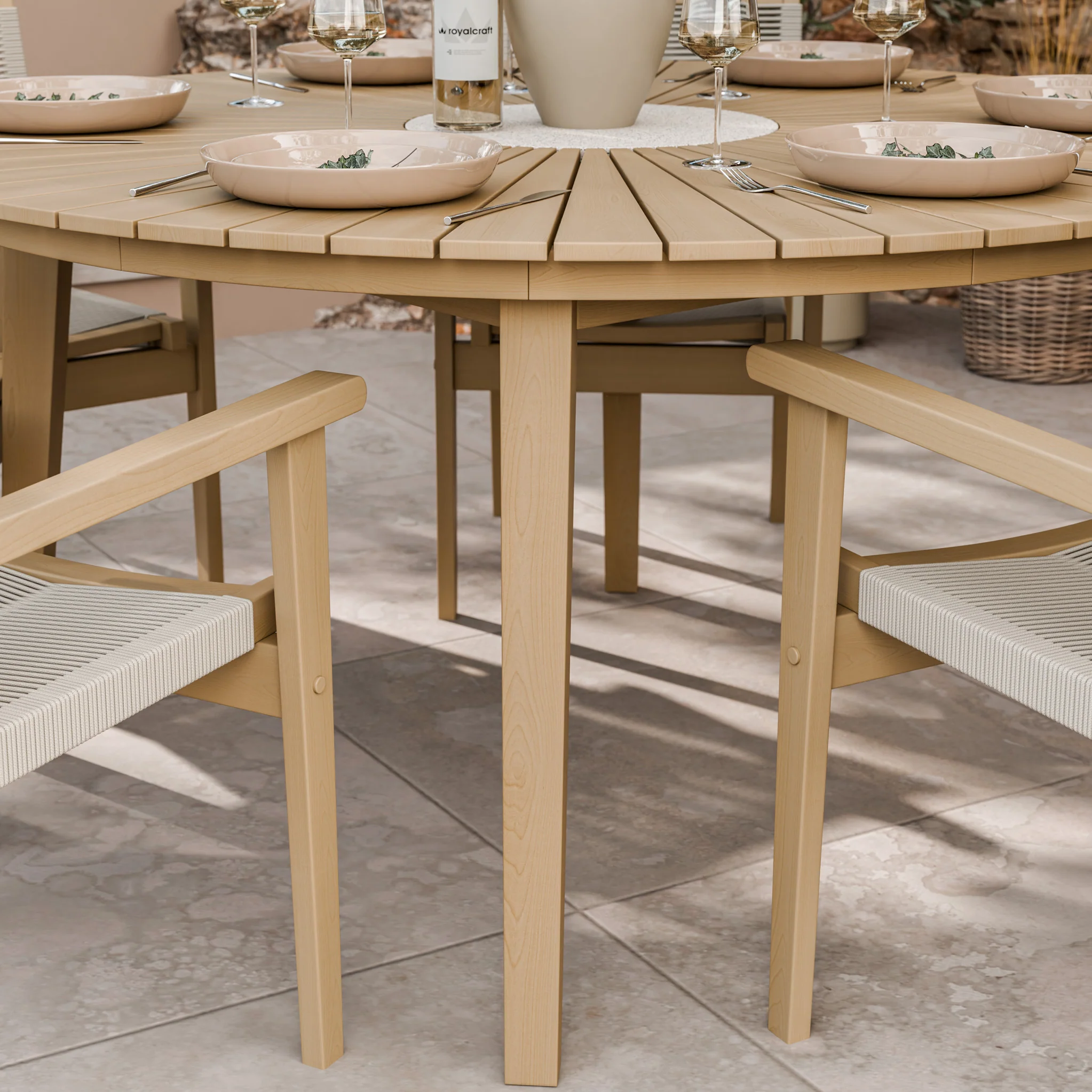 Roma FSC 6 Seater Round Sunray with Concrete Insert Dining Set with Roma Rope Stacking Chairs - Image 2