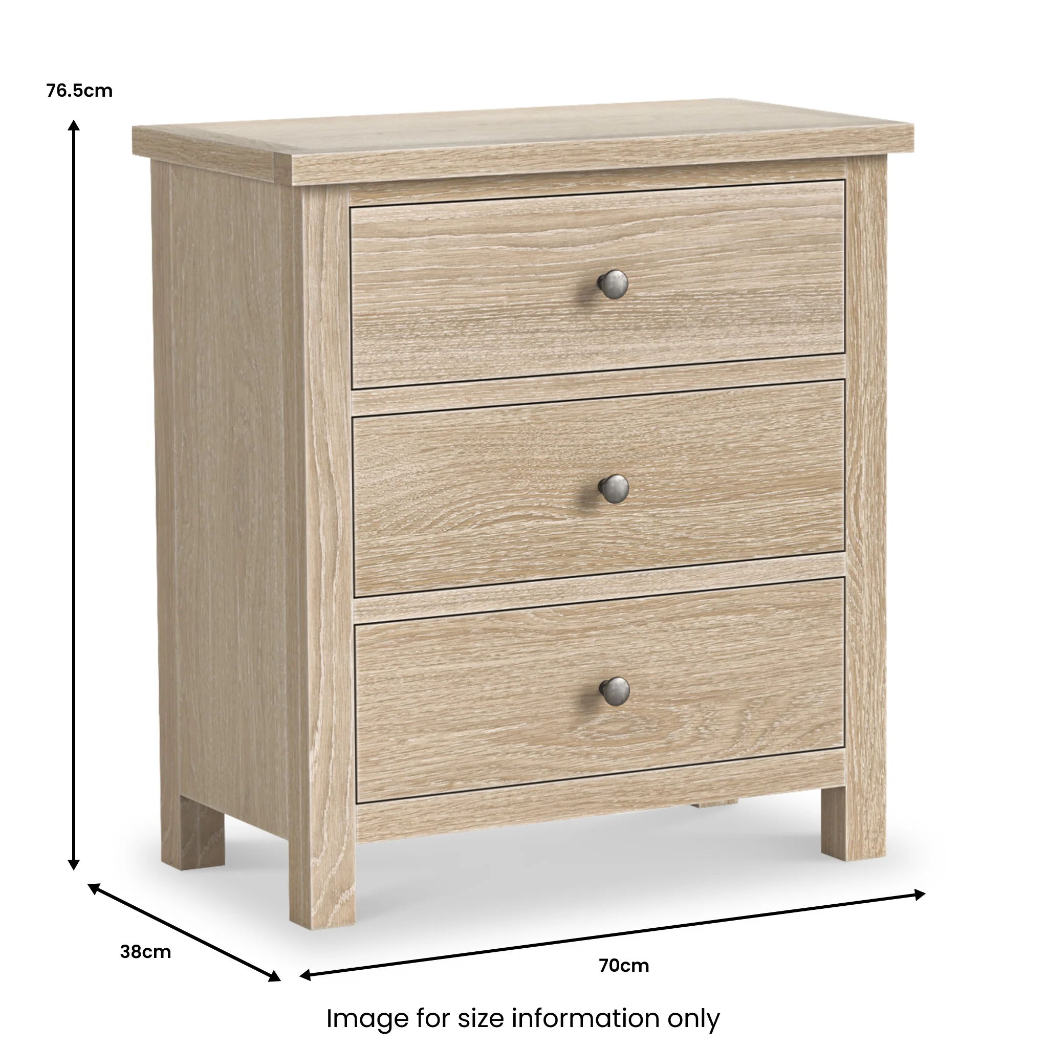 Trelan Washed Oak 3 Drawer Chest of Drawers - Image 3