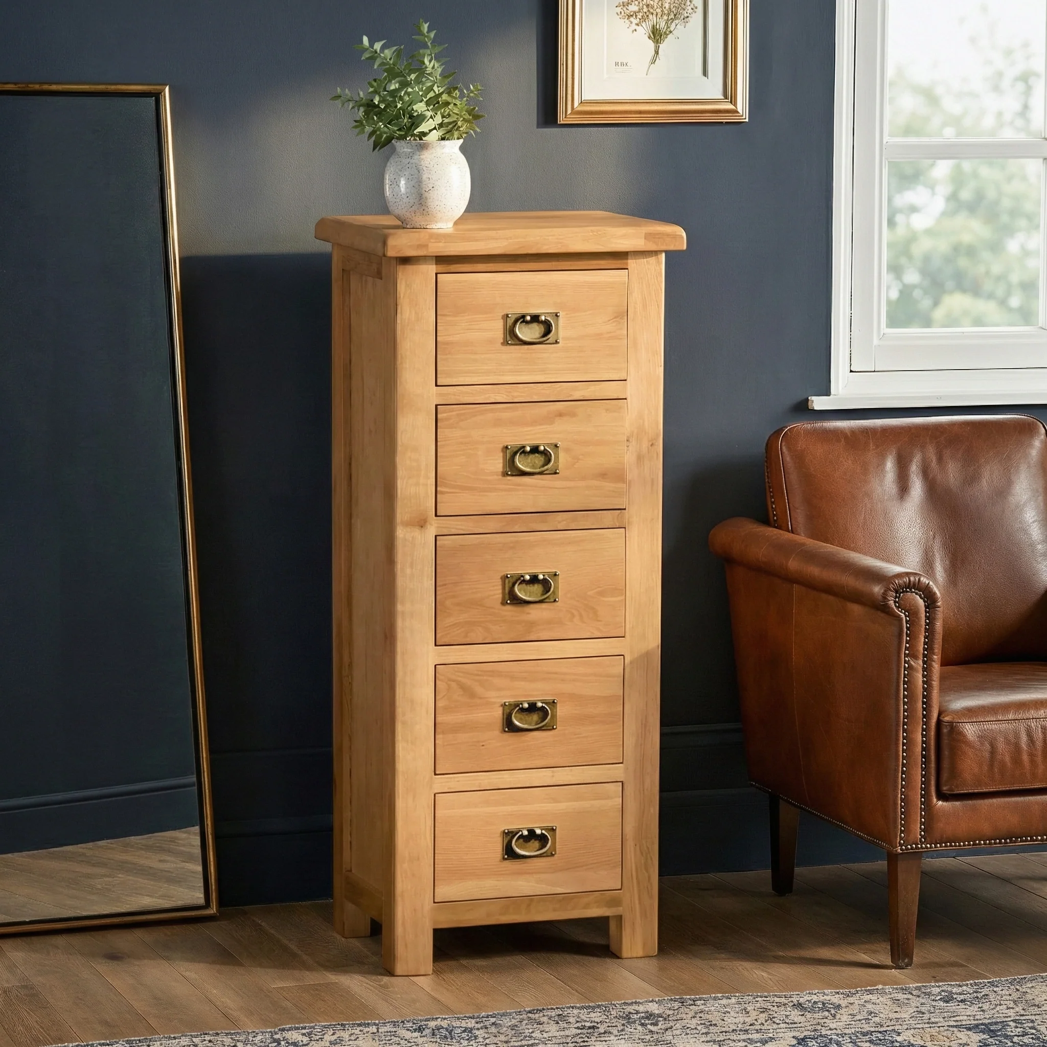 Zelah Oak 5 Drawer Tallboy Chest - Image 2