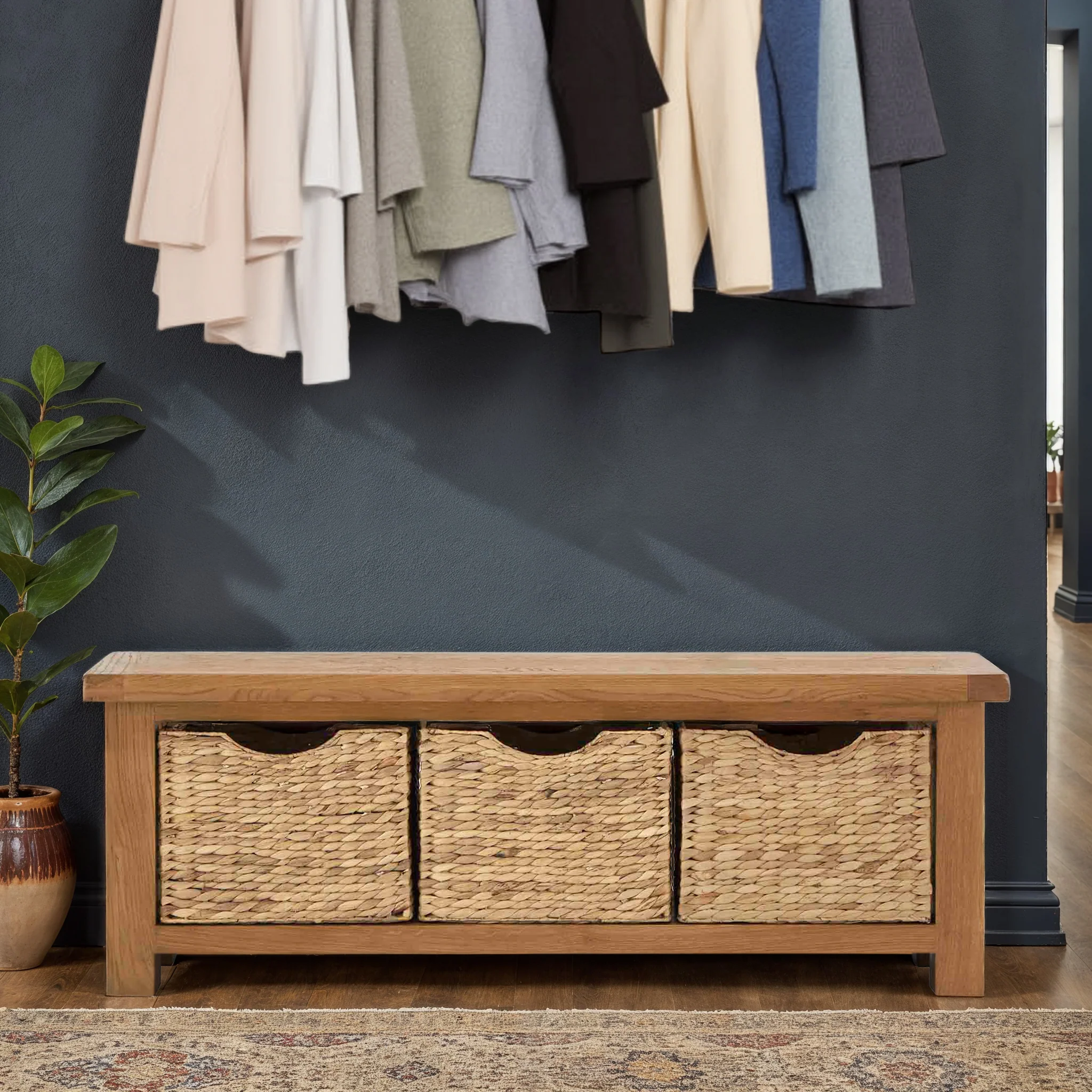 Zelah Oak Bench with Baskets - Image 2